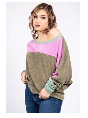 Free People Pink and Olive Off-the-Shoulder Colorblock Sweater
